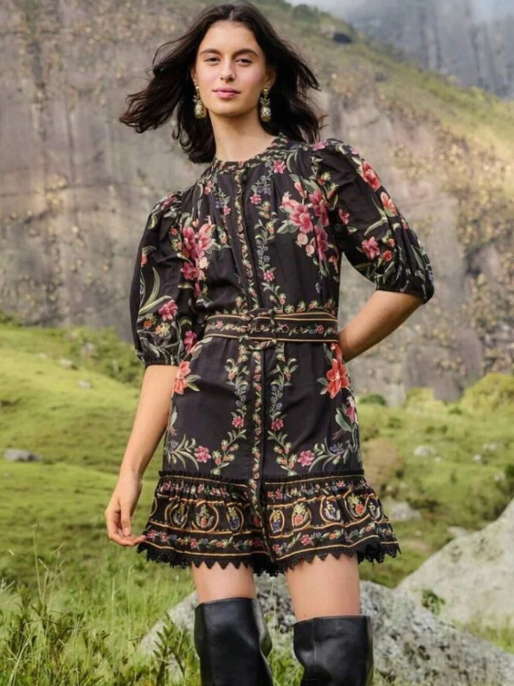 FARM Rio Black Belle Garden Whimsigoth Fairy Girly Botanical Dress (SZ L)